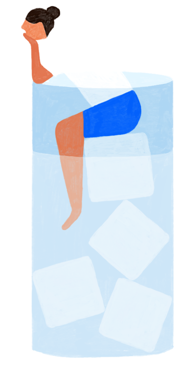 Illustratie van iemand in glas met ijs op zoek naar verkoeling